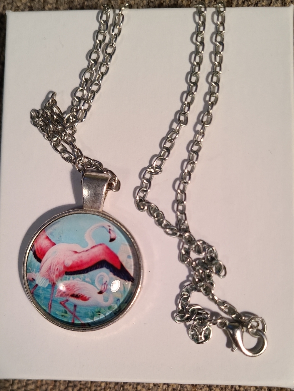 Silver Flamingo Pendant Necklace - Pink Flamingo Art